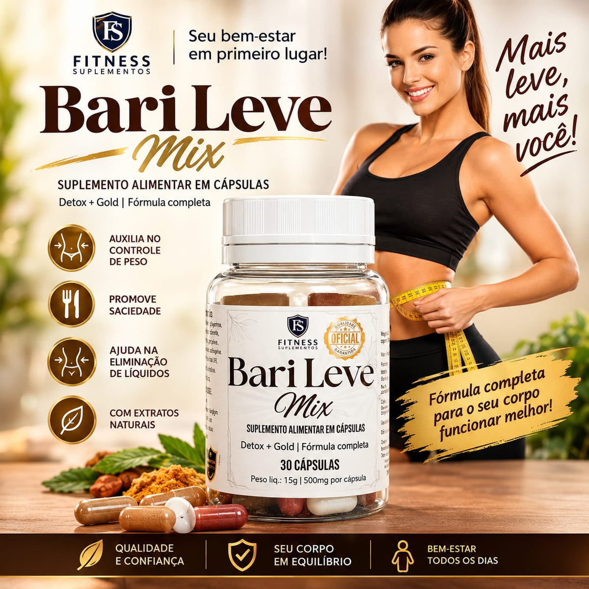 Bari Leve Mix - Gold + Detox - 30 Cápsulas Emagrecedoras Controle de Peso