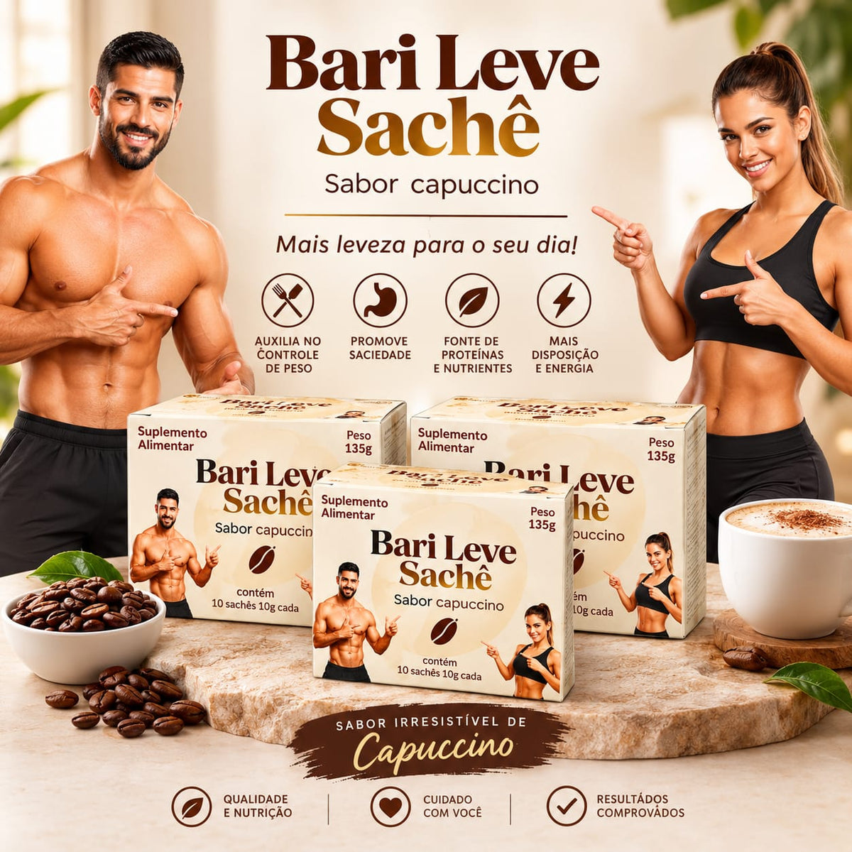 BARI LEVE SACHÊ CAPUCCINO - KIT 3 CXS - 30 DIAS SACIEDADE E CONTROLE DE APETITE